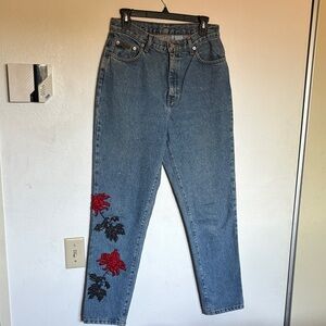 Calvin Klein High Rise Blue Jeans with Red and Black Embroidery